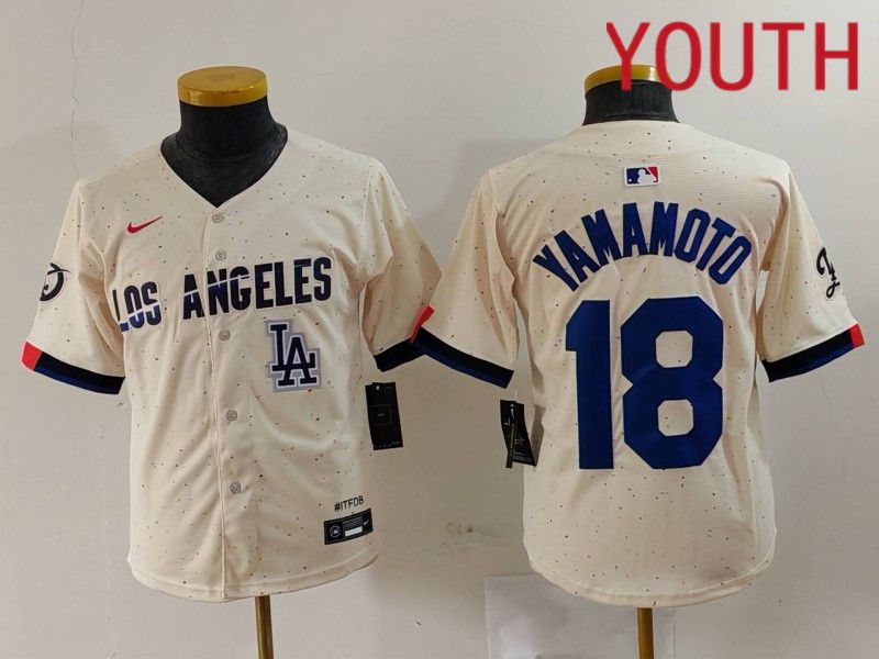 Youth Los Angeles Dodgers #18 Yamamoto Cream Fashion Nike Game MLB Jersey style 7014